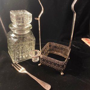 Vintage pickle jar with holder and silver-plated fork. Complete unit